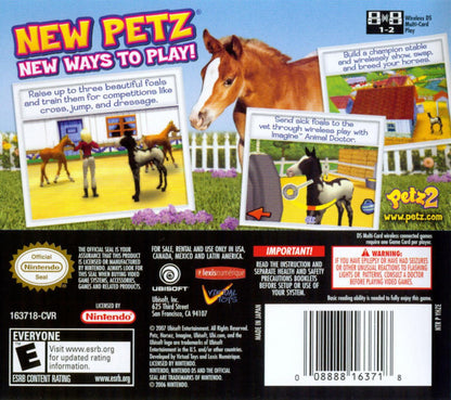 Petz Horsez 2 Nintendo DS video game, horse care and riding simulation, family-friendly gameplay, handheld console title back cover