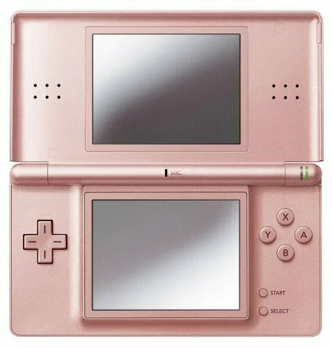 Rose Gold Nintendo DS Lite featuring dual screens, compact design, and elegant metallic finish open view
