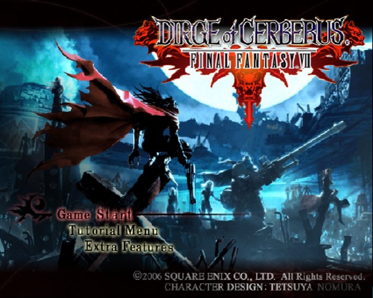 Dirge of Cerberus Final Fantasy VII PS2 Sony PlayStation 2 third person shooter action RPG Final Fantasy VII spin off Vincent Valentine gun combat sci fi fantasy storyline Square Enix cinematic gameplay retro gaming PlayStation 2 software video game title gameplay