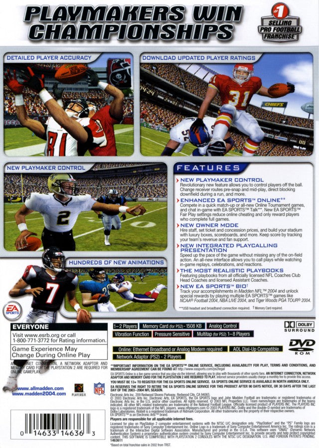 Madden NFL 2004 back cover art for PlayStation 2 (PS2) sports video game
