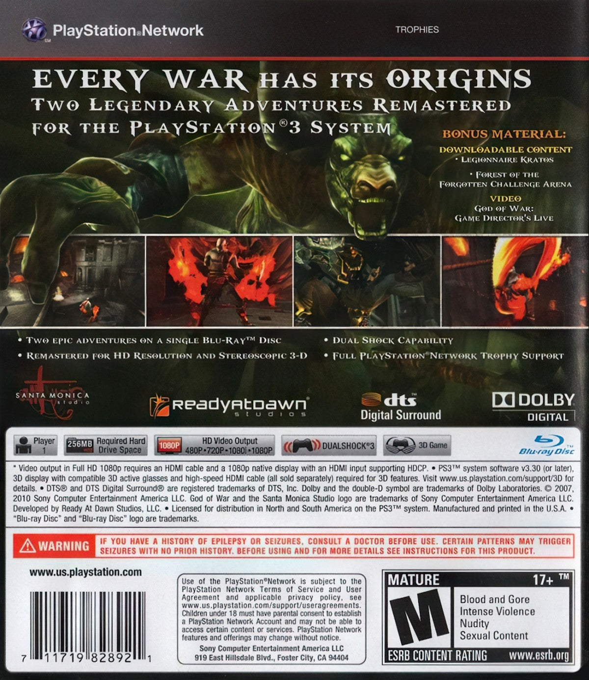 God of War Origins Collection back cover art for PlayStation 3 (PS3) action video game.