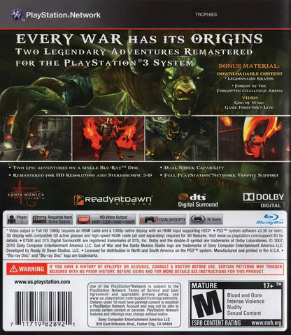 God of War Origins Collection back cover art for PlayStation 3 (PS3) action video game.