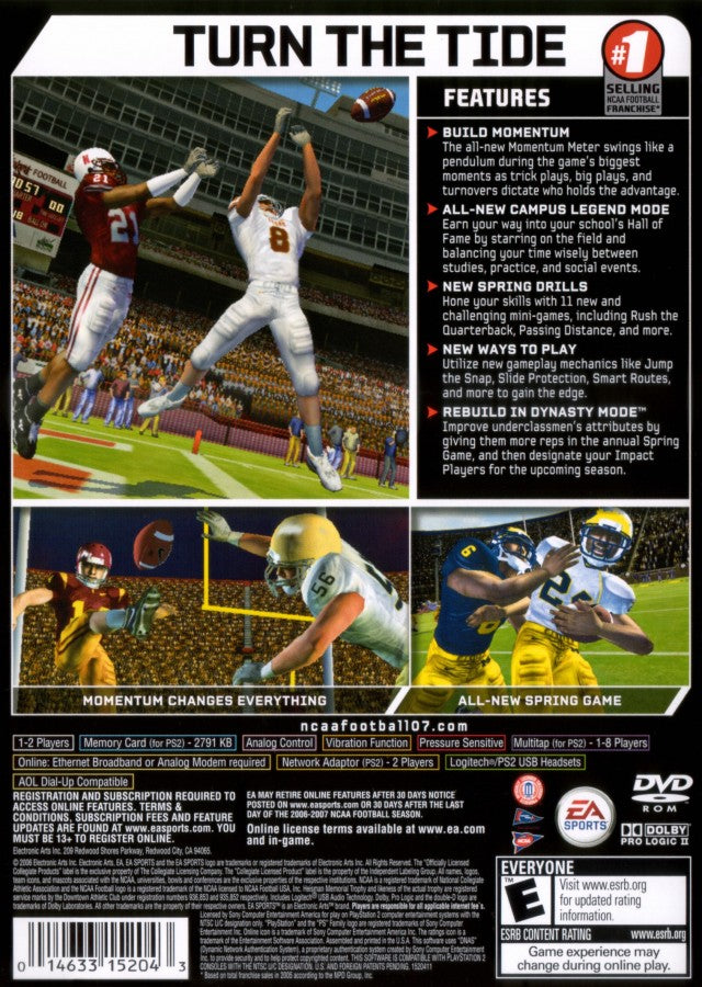 NCAA Football 2007 – PlayStation 2 (PS2) college football sports video game back of case