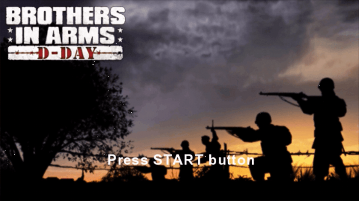 Brothers in Arms D-Day for PlayStation Portable, title screen for a tactical first-person shooter video game with World War II combat, squad-based gameplay, mission objectives, and military strategy