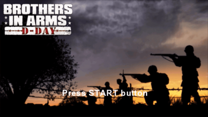 Brothers in Arms D-Day for PlayStation Portable, title screen for a tactical first-person shooter video game with World War II combat, squad-based gameplay, mission objectives, and military strategy