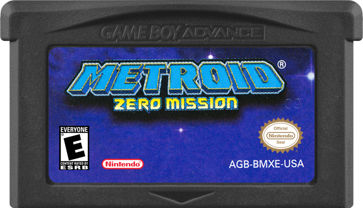 Metroid: Zero Mission action-adventure retro video game cartridge for Nintendo Game Boy Advance (GBA), featuring bounty hunter Samus Aran cartridge