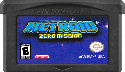 Metroid: Zero Mission action-adventure retro video game cartridge for Nintendo Game Boy Advance (GBA), featuring bounty hunter Samus Aran cartridge