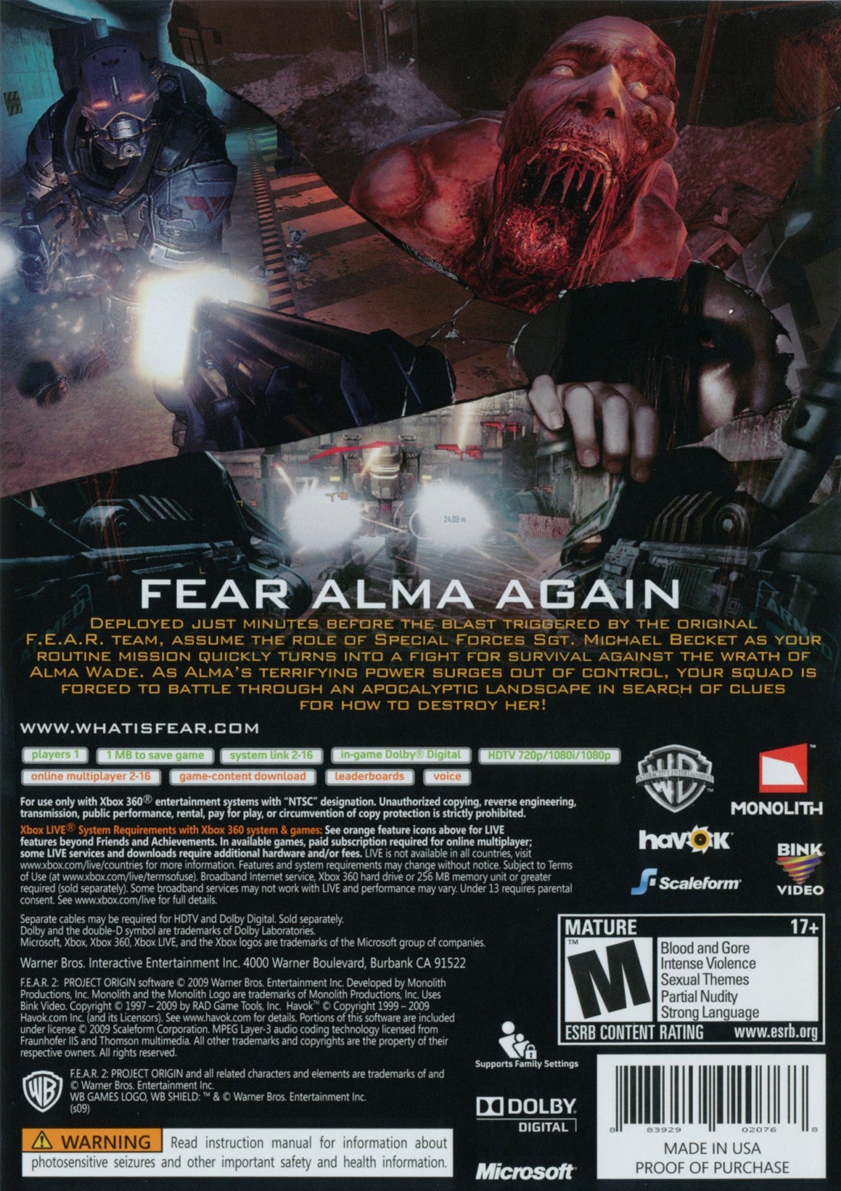 F E A R 2 Project Origin for Xbox 360 first person shooter survival horror video game featuring intense supernatural combat psychological terror cinematic storytelling and dark atmospheric gameplay experience back cover art