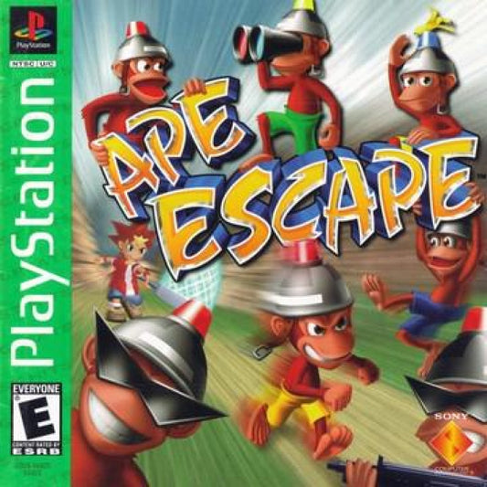Ape Escape for PlayStation 1 action platformer featuring Spike capturing runaway monkeys using gadgets dual analog controls colorful levels and adventure gameplay front cover