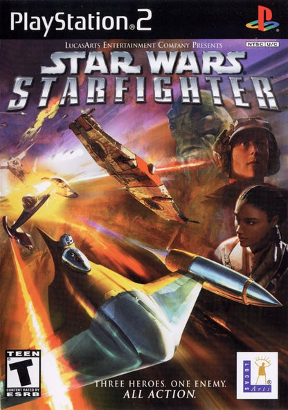 Star Wars: Starfighter – PlayStation 2 (PS2) video game cover image, space combat action.
