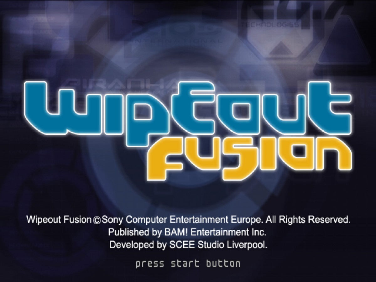 Wipeout Fusion PS2 Sony PlayStation 2 futuristic racing game anti gravity racing hovercraft high speed tracks electronic soundtrack combat racing weapons Psygnosis Studio Liverpool arcade racing PlayStation 2 software video game title start screen 