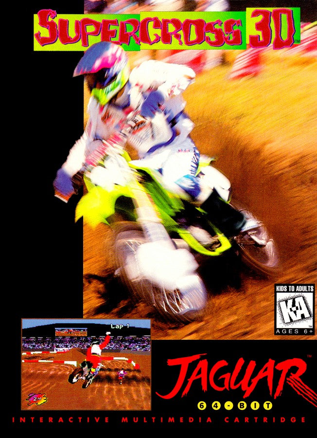 Supercross 3D Atari Jaguar JAG for motocross racing video game fans featuring off road motorcycle racing dirt tracks jumps ramps obstacles challenging courses competing riders high speed action and classic Atari Jaguar gameplay collectible retro gaming appeal front cover art