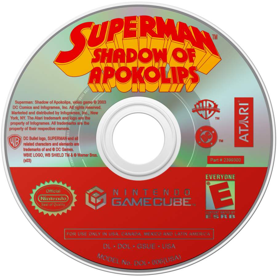 Superman: Shadow of Apokolips disc art for GameCube game featuring cel-shaded action adventure gameplay inspired by the animated series