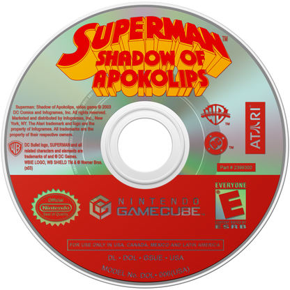 Superman: Shadow of Apokolips disc art for GameCube game featuring cel-shaded action adventure gameplay inspired by the animated series