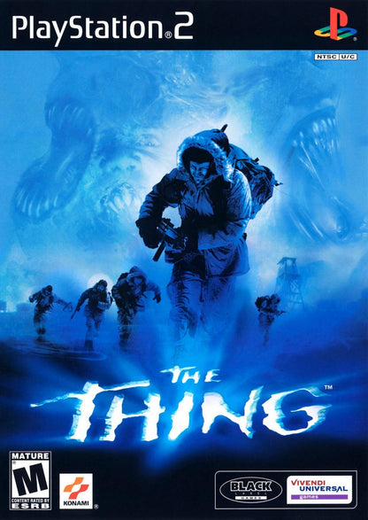 The Thing PS2 Sony PlayStation 2 survival horror game sci fi horror John Carpenter movie sequel squad based gameplay trust system infection mechanics third person shooter Antarctic setting intense atmosphere retro gaming PlayStation 2 software video game title cover art