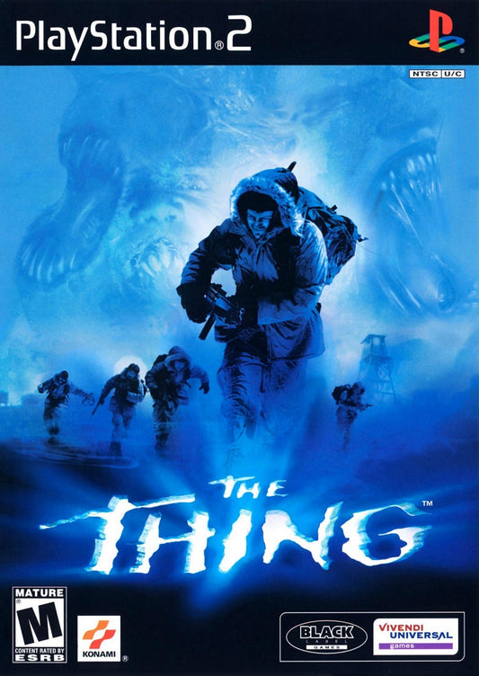 The Thing PS2 Sony PlayStation 2 survival horror game sci fi horror John Carpenter movie sequel squad based gameplay trust system infection mechanics third person shooter Antarctic setting intense atmosphere retro gaming PlayStation 2 software video game title cover art