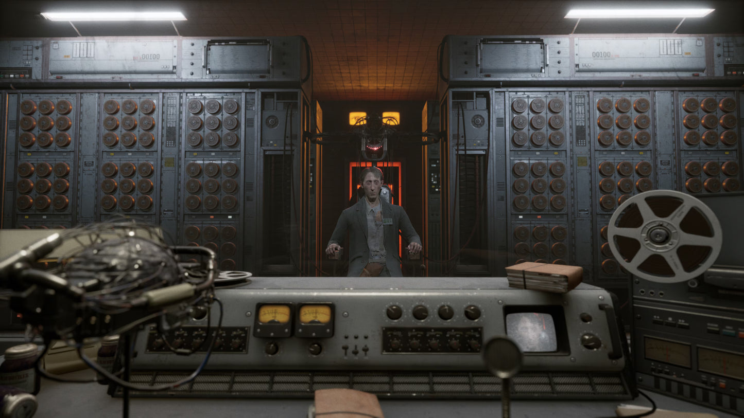Karma: The Dark World [Limited Edition][Import] for PlayStation 5 (PS5) at Gamers INC, featuring a psychological first-person horror experience in a dystopian 1984 where you dive into the memories of suspects to uncover dark secrets and navigate a surreal, mind-bending reality within the Bureau of Thought gameplay screenshot