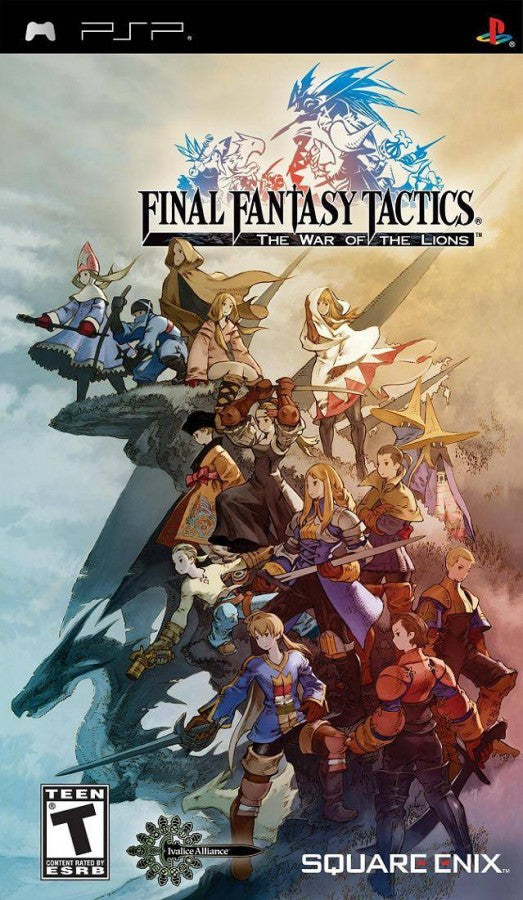 Final Fantasy Tactics: The War of the Lions retro PSP video game Final Fantasy Tactics The War of the Lions tactical RPG turn based strategy fantasy warfare grid based combat story driven role playing game handheld release cover art 