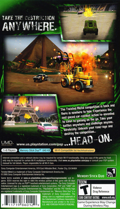 Twisted Metal: Head On – back of case for PlayStation Portable (PSP) vehicular combat game