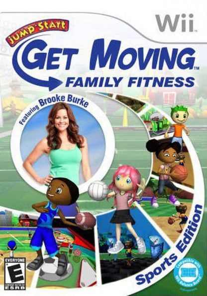 JumpStart Get Moving Family Fitness Nintendo Wii for retro video game enthusiasts featuring educational fitness gameplay motion controlled activities family friendly exercise mini games active learning challenges interactive workouts and collectible gaming appeal front cover 