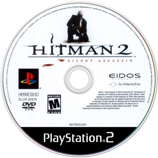 Hitman 2 Silent Assassin game for the PlayStation 2 featuring stealth action gameplay with open ended missions disguises and tactical assassinations as Agent 47 across international locations disc