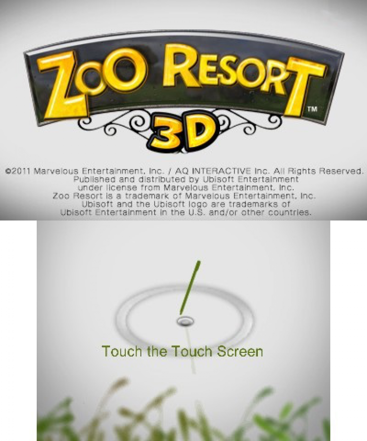 Zoo Resort 3D start screen for Nintendo 3DS (3DS) simulation video game