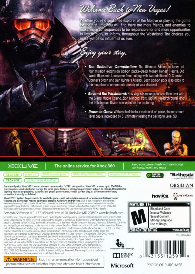 Fallout New Vegas Ultimate Edition Xbox 360/Xbox One post-apocalyptic RPG with faction choices open-world exploration and all included DLC back cover art