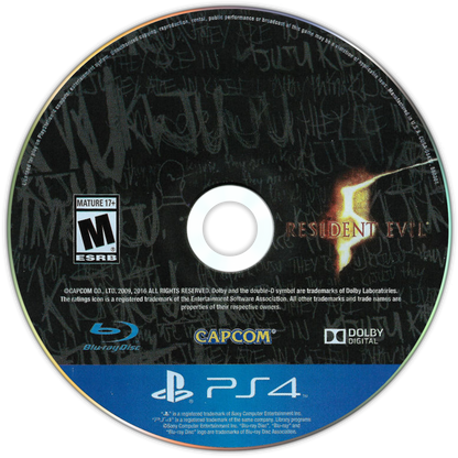 Resident Evil 5 PlayStation 4 game featuring third person action horror gameplay cooperative multiplayer campaign Chris Redfield and Sheva Alomar story intense combat upgraded HD graphics and survival horror experience by Capcom disc