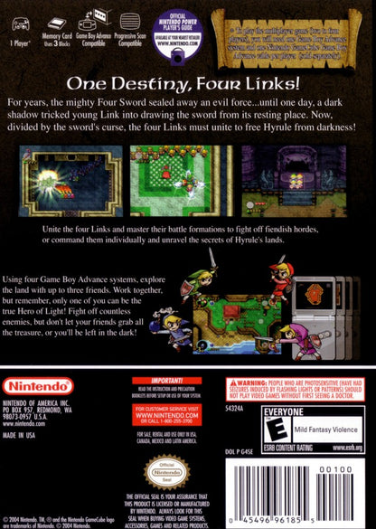 The Legend of Zelda Four Swords Adventures Player's Choice Nintendo GameCube GCN for retro video game enthusiasts featuring cooperative action adventure gameplay multiplayer dungeon exploration classic Zelda puzzles Link teamwork iconic fantasy quests and collectible gaming appeal back cover