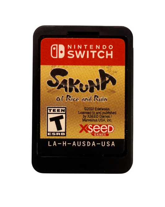 Sakuna Of Rice and Ruin for Nintendo Switch action platformer and farming simulation game featuring side scrolling combat rice cultivation mechanics Japanese mythology setting and adventure gameplay cartridge