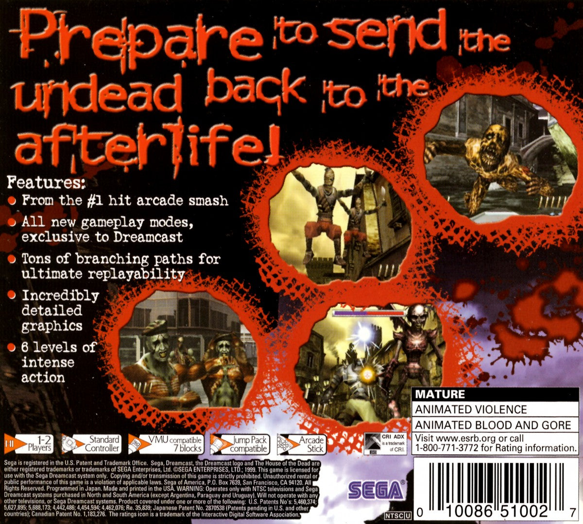 The House of the Dead 2 Sega Dreamcast game featuring fast-paced on-rails light gun horror shooter gameplay back cover