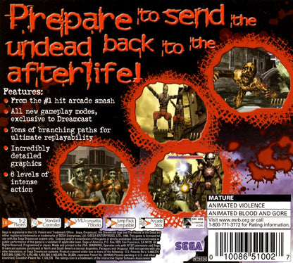 The House of the Dead 2 Sega Dreamcast game featuring fast-paced on-rails light gun horror shooter gameplay back cover