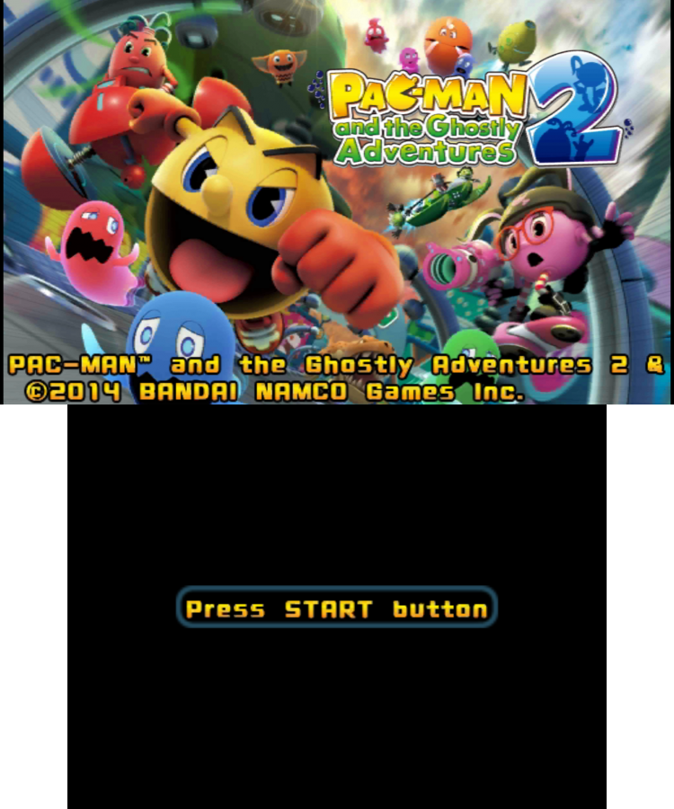 Pac-Man and the Ghostly Adventures 2 start screen for Nintendo 3DS (3DS) action platformer video game
