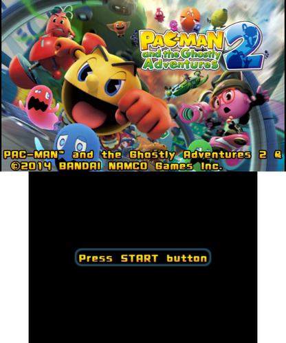 Pac-Man and the Ghostly Adventures 2 start screen for Nintendo 3DS (3DS) action platformer video game