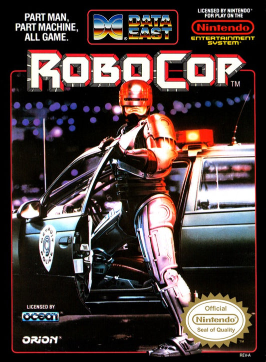 RoboCop NES Nintendo Entertainment System action platformer shooter side scrolling gameplay crime fighting cyborg police Detroit arcade style Data East retro 8 bit gaming cartridge video game title cover art 