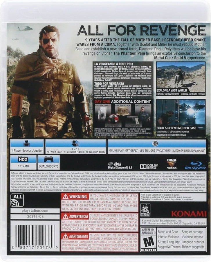Metal Gear Solid V The Phantom Pain PlayStation 3 PS3 for stealth action video game fans featuring tactical espionage gameplay open world exploration Snake combat missions weapon customization base management vehicle gameplay enemy outposts and cinematic storytelling collectible gaming appeal back