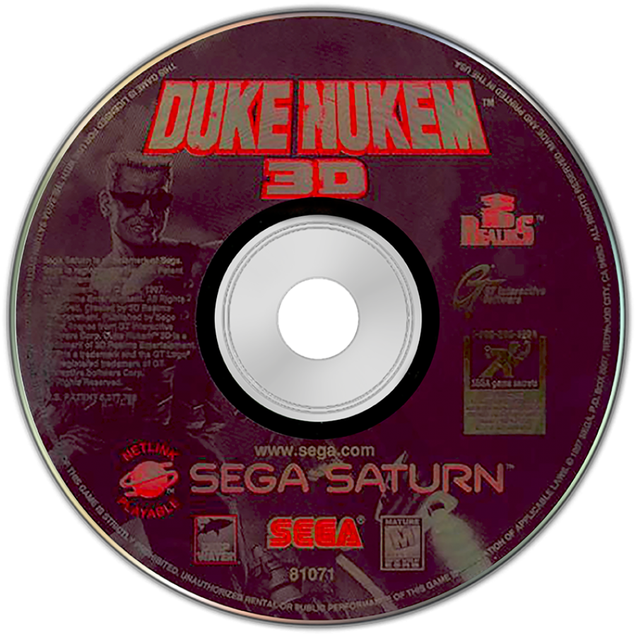 Duke Nukem 3D for Sega Saturn featuring classic retro first-person shooter action in a sci-fi setting disc