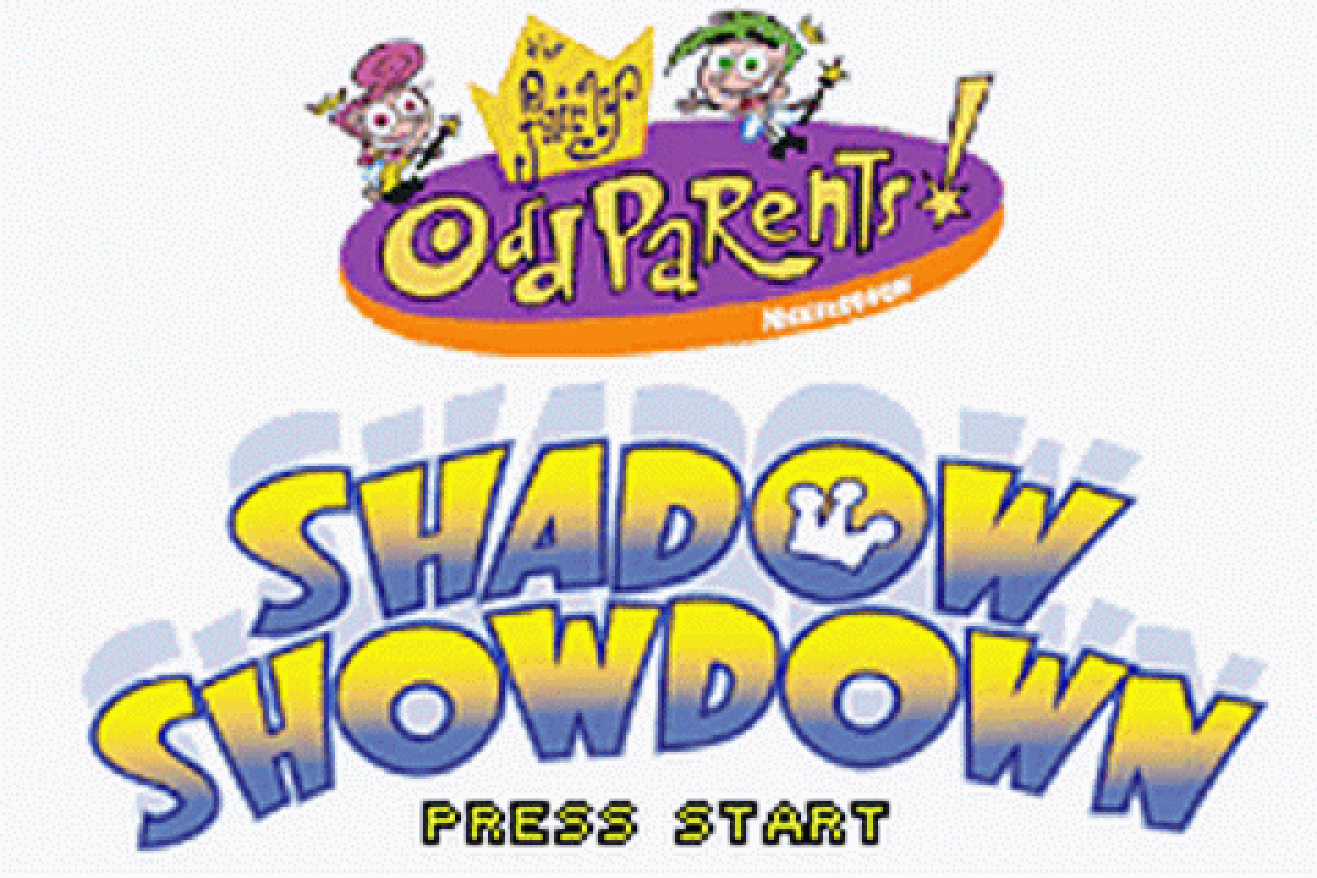 The Fairly OddParents Shadow Showdown for Game Boy Advance, title screen for a retro video game featuring side-scrolling platforming gameplay, magical abilities, cartoon-style action, and character-based adventure challenges
