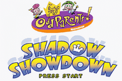 The Fairly OddParents Shadow Showdown for Game Boy Advance, title screen for a retro video game featuring side-scrolling platforming gameplay, magical abilities, cartoon-style action, and character-based adventure challenges