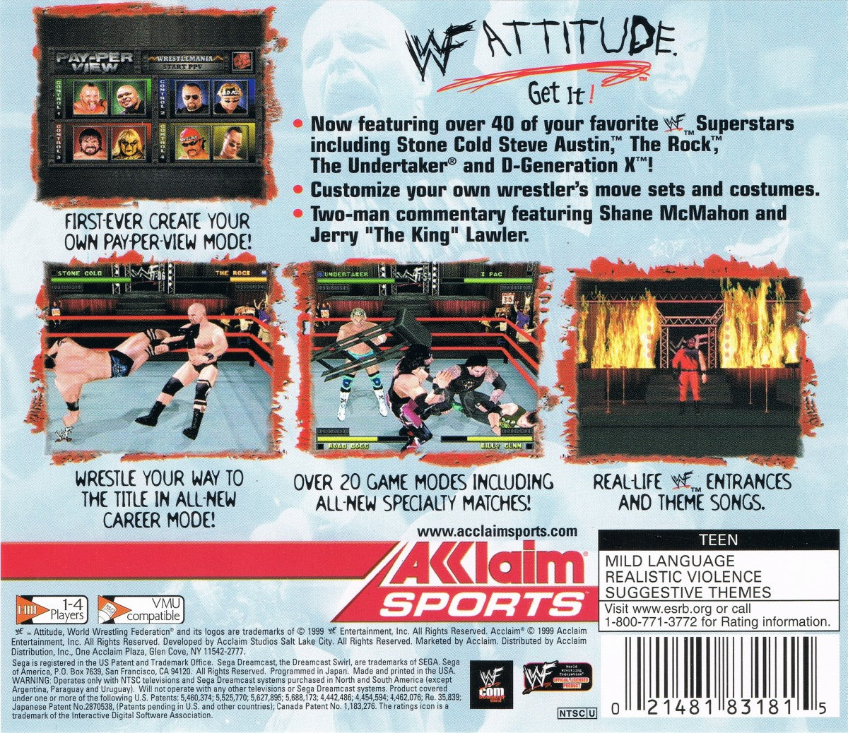 WWF Attitude game for the Sega Dreamcast featuring professional wrestling gameplay with licensed WWF superstars grappling moves signature finishers career mode and multiplayer matches in arcade style wrestling arenas back cover 