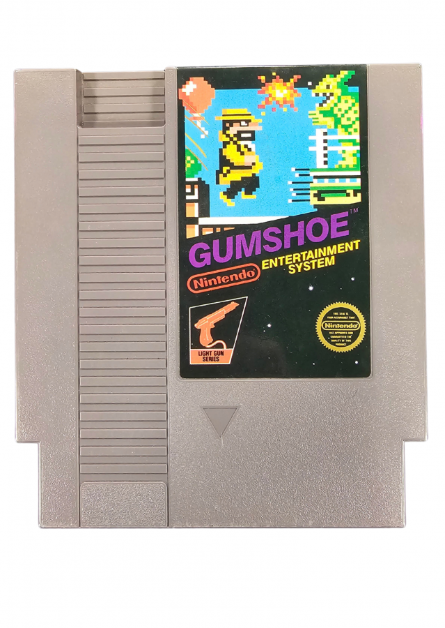 Gumshoe 5 Screw Nintendo Entertainment System NES video game featuring light gun shooting gameplay side scrolling action target shooting enemy encounters hostage rescue missions reflex challenges and classic 8 bit Nintendo gameplay retro video game collection collectible gaming appeal game cartridge