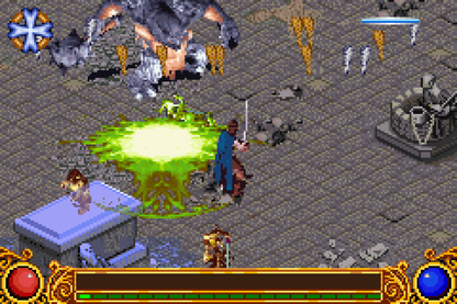 The Lord of the Rings The Two Towers for Game Boy Advance, gameplay for a retro video game featuring action-adventure gameplay, hack-and-slash combat, character progression, and movie-inspired fantasy battles