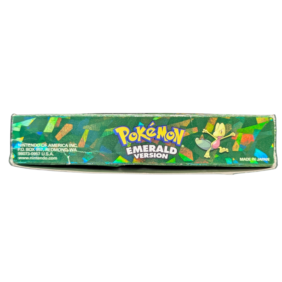 Pokemon Emerald CIB Game Boy Advance GBA RPG adventure game featuring Hoenn region exploration turn based battles Pokemon catching training legendary Rayquaza Battle Frontier complete in box collectible retro video game collection gaming appeal top of box