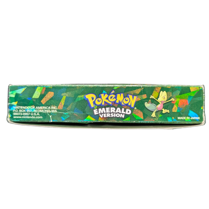 Pokemon Emerald CIB Game Boy Advance GBA RPG adventure game featuring Hoenn region exploration turn based battles Pokemon catching training legendary Rayquaza Battle Frontier complete in box collectible retro video game collection gaming appeal top of box
