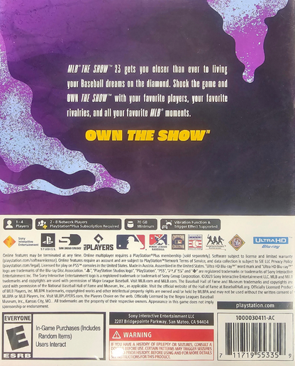 MLB The Show 23 PlayStation 5 PS5 video game featuring realistic baseball simulation gameplay Major League Baseball teams and players batting pitching fielding base running franchise mode Road to the Show career mode Diamond Dynasty team building competitive multiplayer stadiums and authentic baseball action classic PlayStation 5 sports gaming retro video game collection collectible gaming appeal back cover art