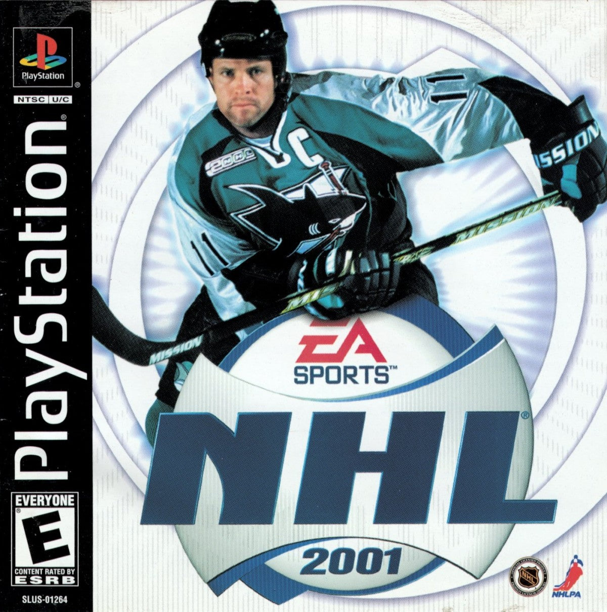 NHL 2001 for PlayStation 1 hockey sports video game featuring official NHL teams and players improved AI realistic gameplay season modes and classic EA Sports ice hockey experience cover art