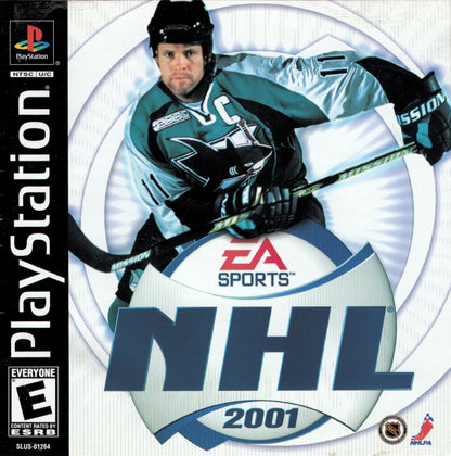 NHL 2001 for PlayStation 1 hockey sports video game featuring official NHL teams and players improved AI realistic gameplay season modes and classic EA Sports ice hockey experience cover art