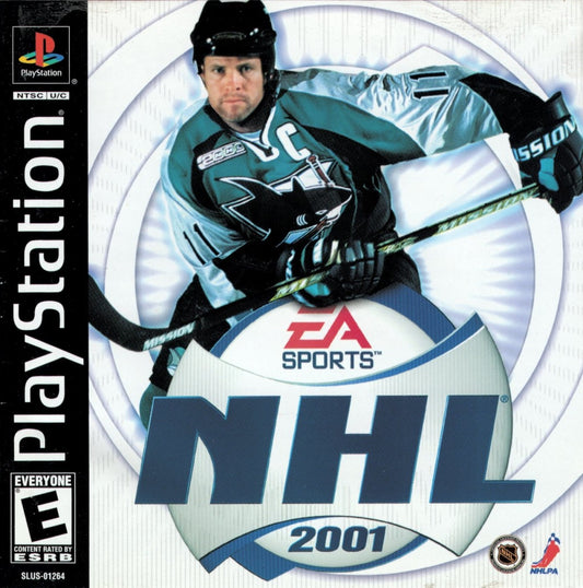 NHL 2001 for PlayStation 1 hockey sports video game featuring official NHL teams and players improved AI realistic gameplay season modes and classic EA Sports ice hockey experience cover art