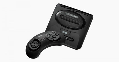 Front view of a Sega Genesis Mini 2 console showing controller ports, power button, and logo on the top surface.