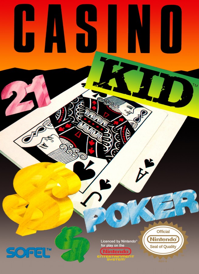 Casino Kid Nintendo Entertainment System NES video game featuring casino gambling gameplay poker blackjack roulette casino table games betting challenges and classic 8 bit Nintendo gameplay retro video game collection collectible gaming appeal front cover art